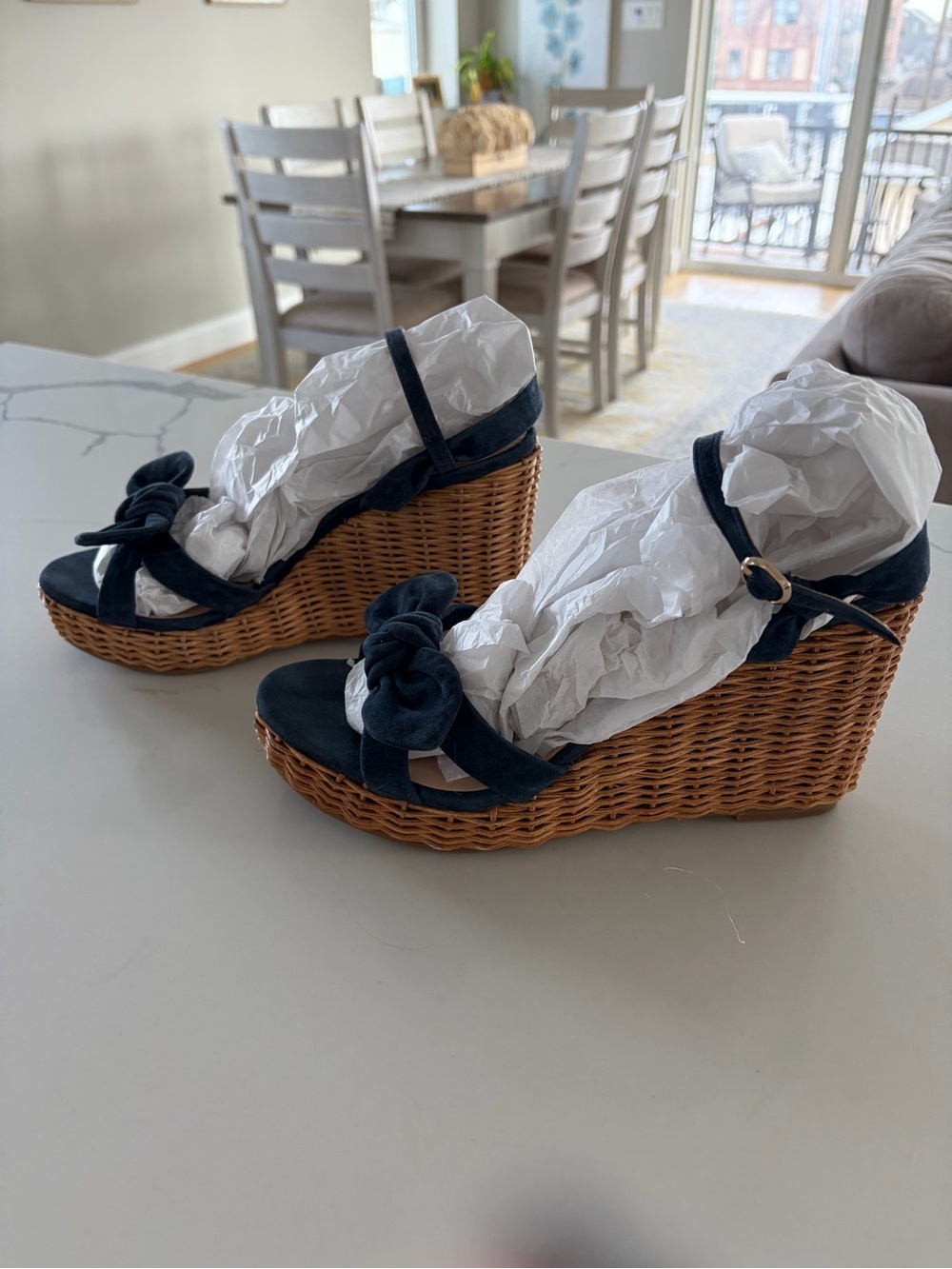 Kate Spade New York Navy Blue Suede Bow Wicker Wedge Espadrille Sandals Size 9 - Picture 7 of 16